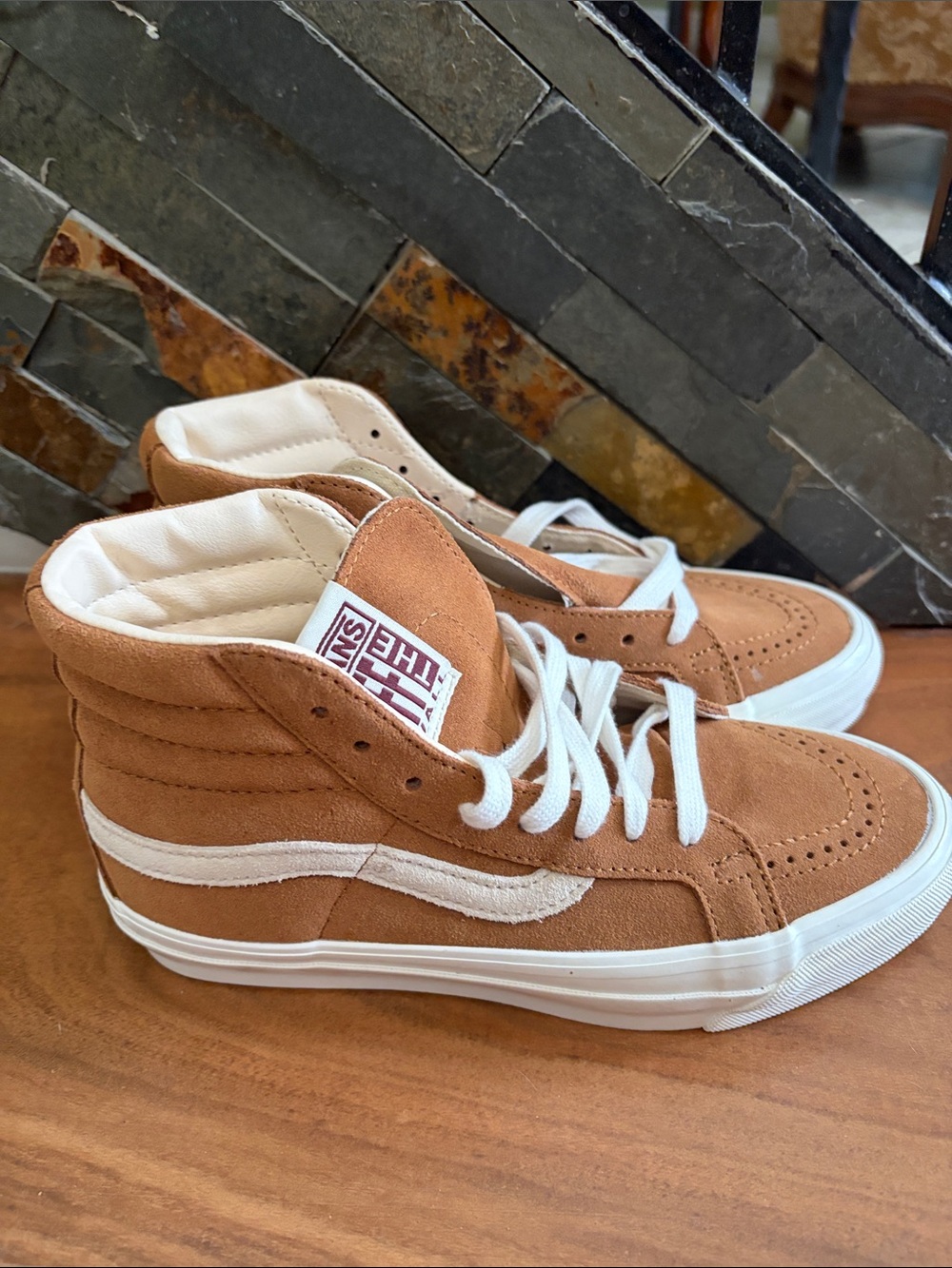 New without box Vans Tan Suede Sk8-Hi High-Top Sneakers with White Stripe